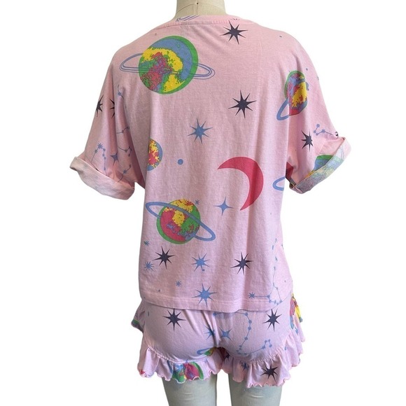 Asos Space Tee & Frill Shorts Pink Pajama Set Size 0 - Picture 2 of 5